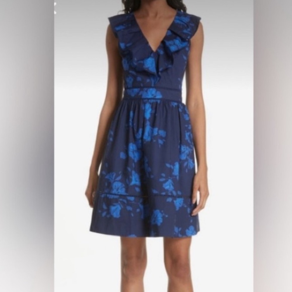 Kate Spade Hibiscus Ruffle Neck blue dress size 4 
worn for photo shoot ONLY